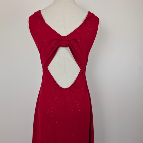 90s Red Glitter Maxi Dress Sleeveless Open Back Slit Floor Length Bodycon - Picture 6 of 13